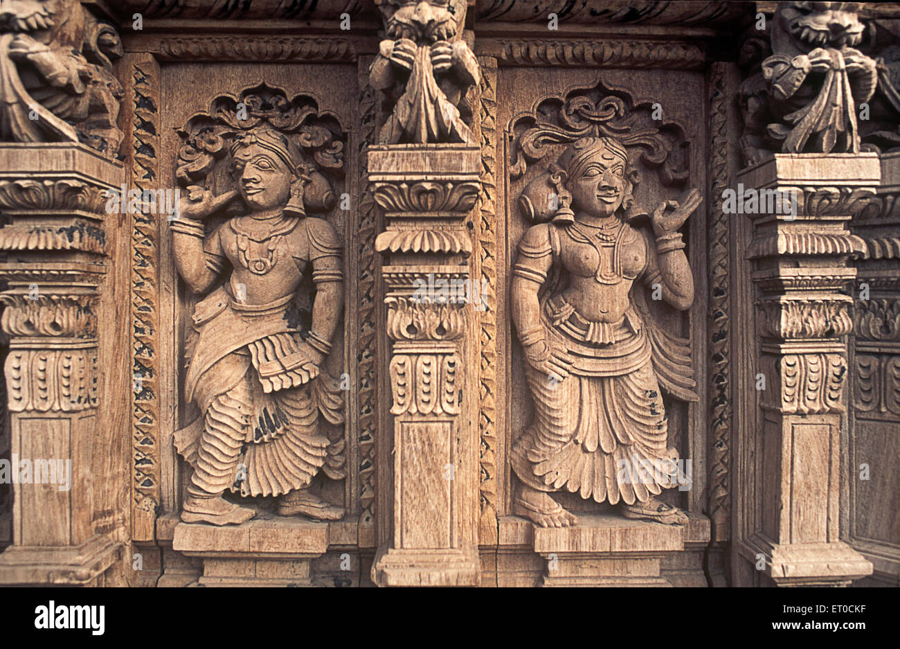 Decorative pieces of women wooden carving statues in old temple chariot at  Madurai ; Tamil Nadu ; India Stock Photo - Alamy