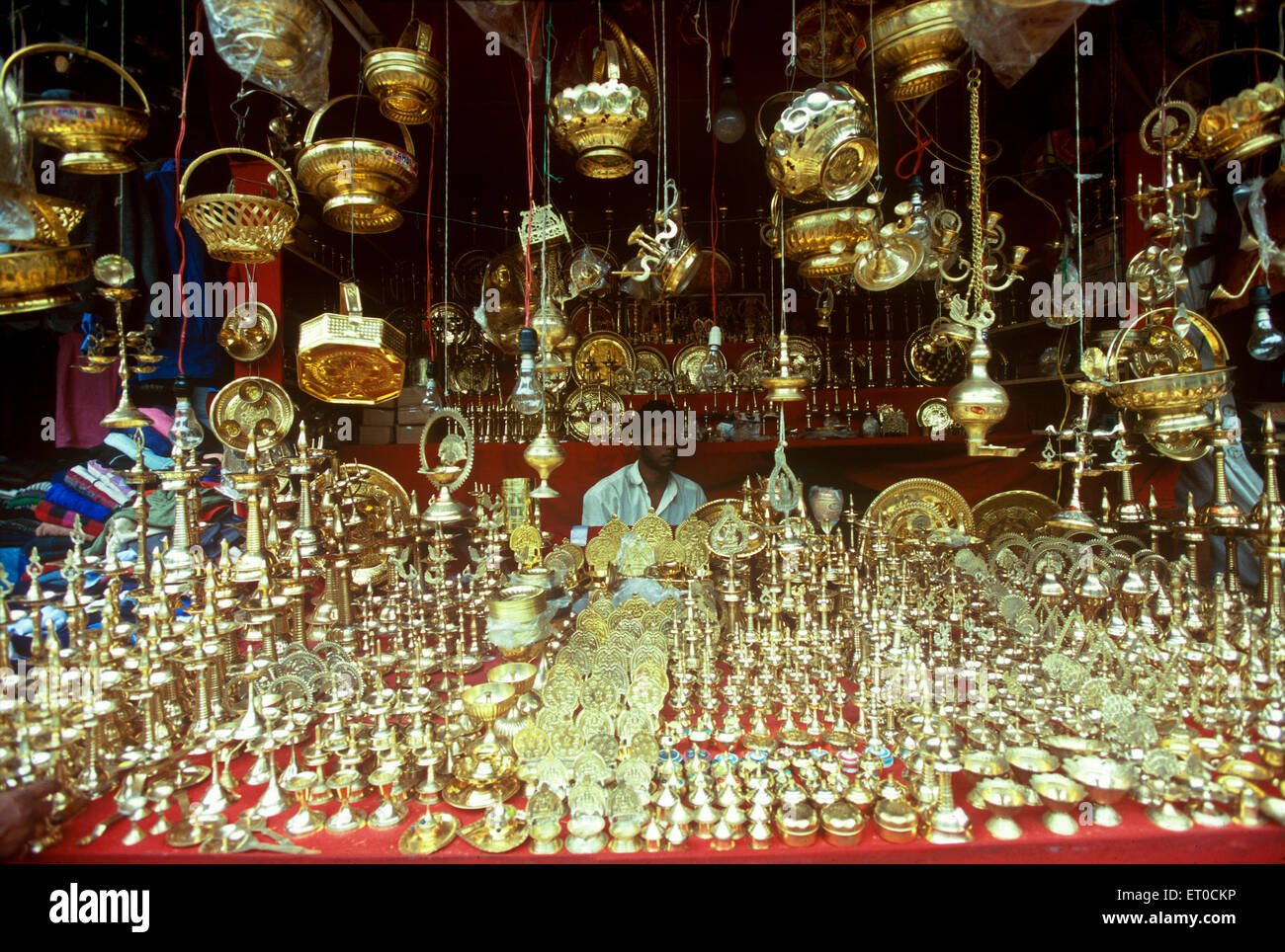 bronze pooja items shop , Courtallam ; Tenkasi district , Tamil Nadu ; India , asia Stock Photo