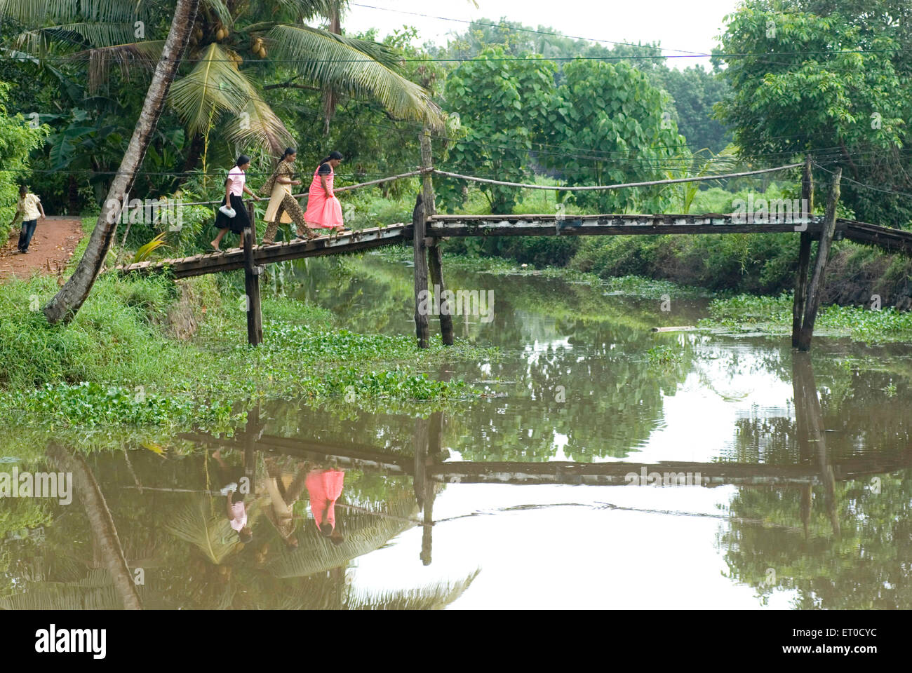 women crossing wooden bridge , Changanacherry , Changanassery
