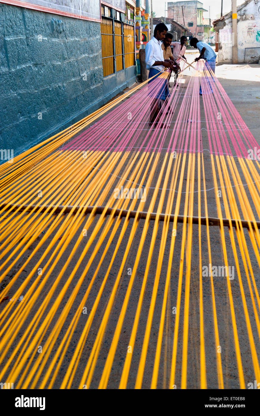 Drying silk yarn , Kanchipuram , Kancheepuram , Tamil Nadu , India , Asia Stock Photo