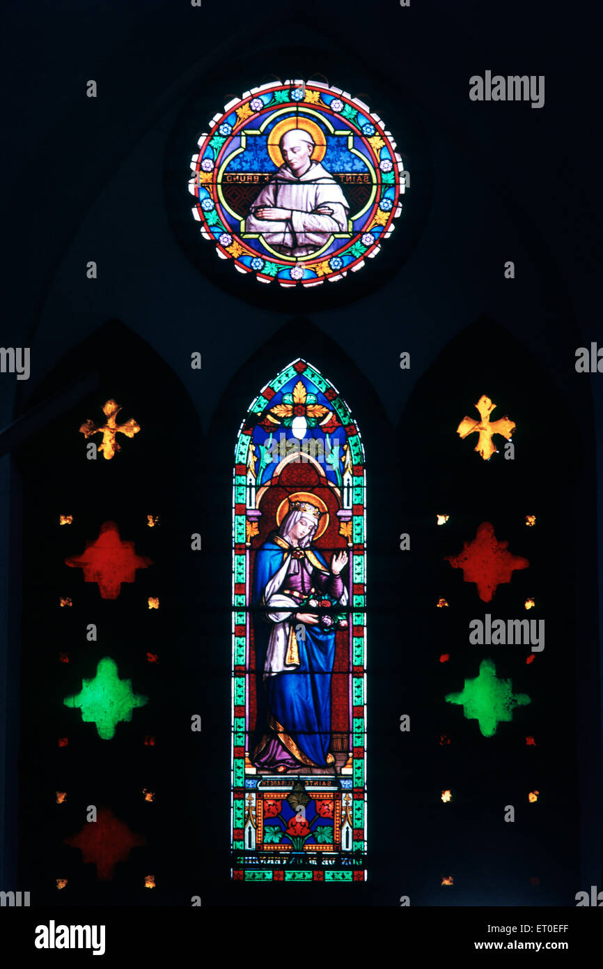 Stained glass in church of sacred heart ; Pondicherry ; Tamil Nadu ; India Stock Photo