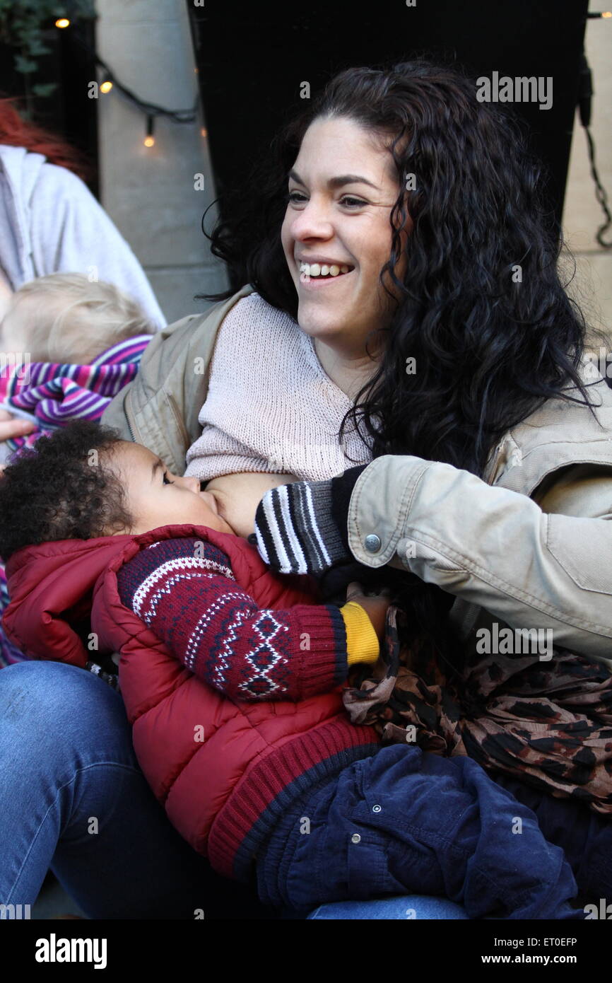 Women gather outside Claridge's Hotel in London to protest about being able to breastfeed in public. This was due to a woman being asked to cover up by staff earlier this week. Protest group called Free to Feed.  Featuring: Atmosphere Where: London, United Kingdom When: 06 Dec 2014 Credit: WENN.com Stock Photo