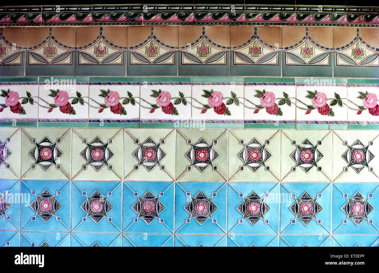 Wall tiles flower design in Nattukottai Chettiar Nagarathar house ;  Chettinad ; Chettinadu ; Sivaganga ; Pudukottai  ; Tamil Nadu ; India ; Asia Stock Photo