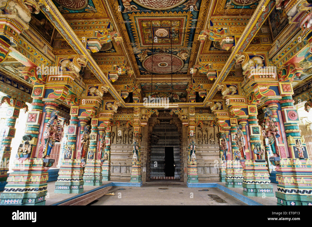 Pillars and painted roof of the Iraniyur temple 1 of the 9 Clan temple