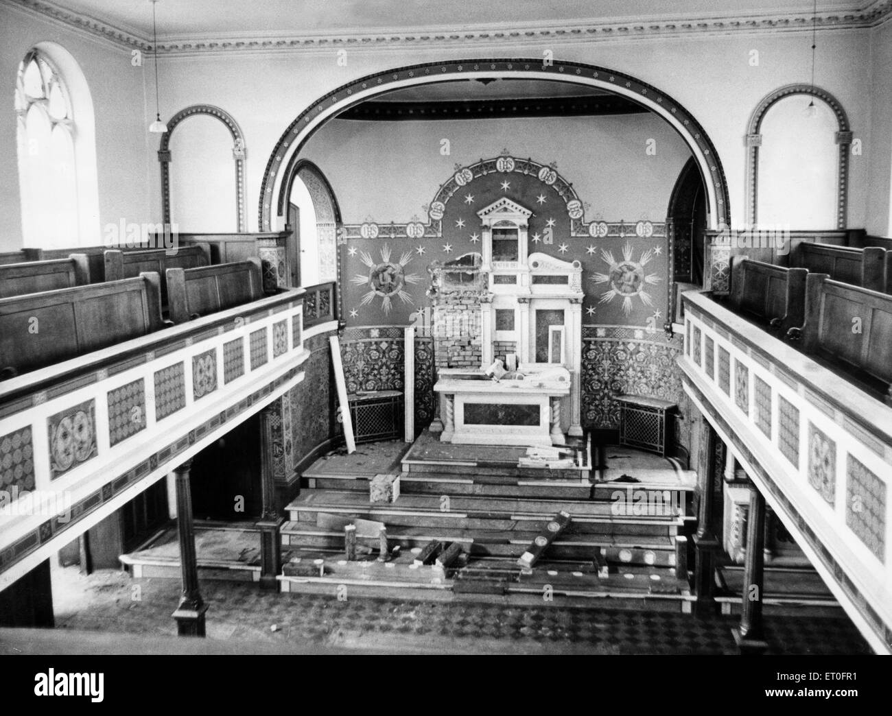 Interior view of St. Peters Church at St Peter's Place, Broad Street in central Birmingham as demolition work begins. October 1969. Stock Photo