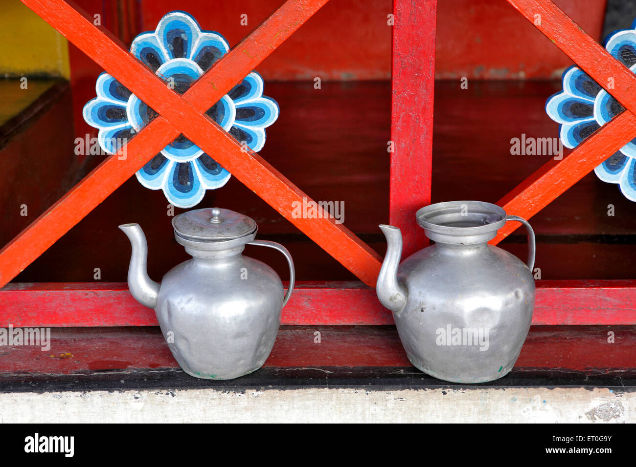 Tea kettles , Shedup Choephelling Buddhist Temple , Happy valley , Charleville , Mussoorie , Dehradun , Uttaranchal ,  Uttarakhand , India , Asia Stock Photo