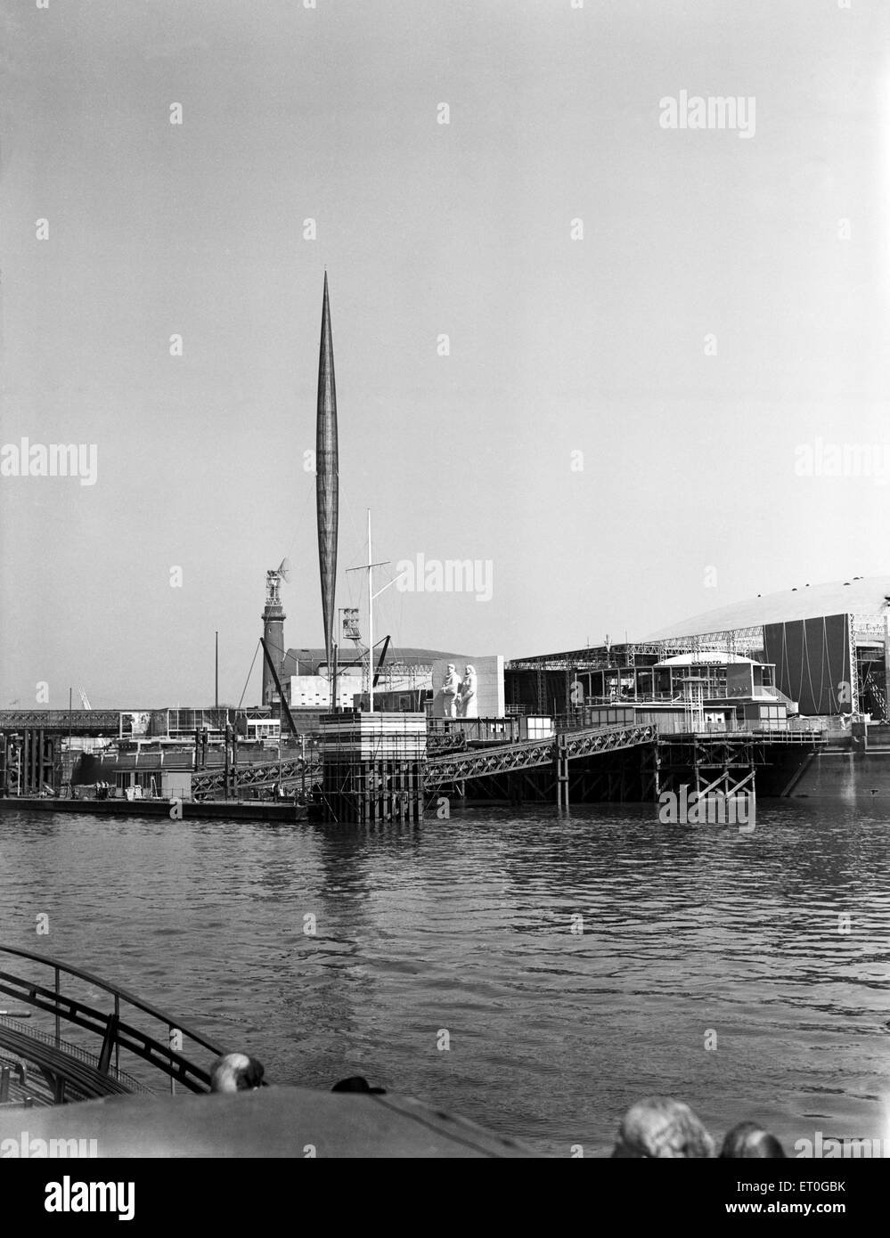 A view from the River Thames of the Skylon, during the Festival of Britain, London. 25th April 1951. Stock Photo