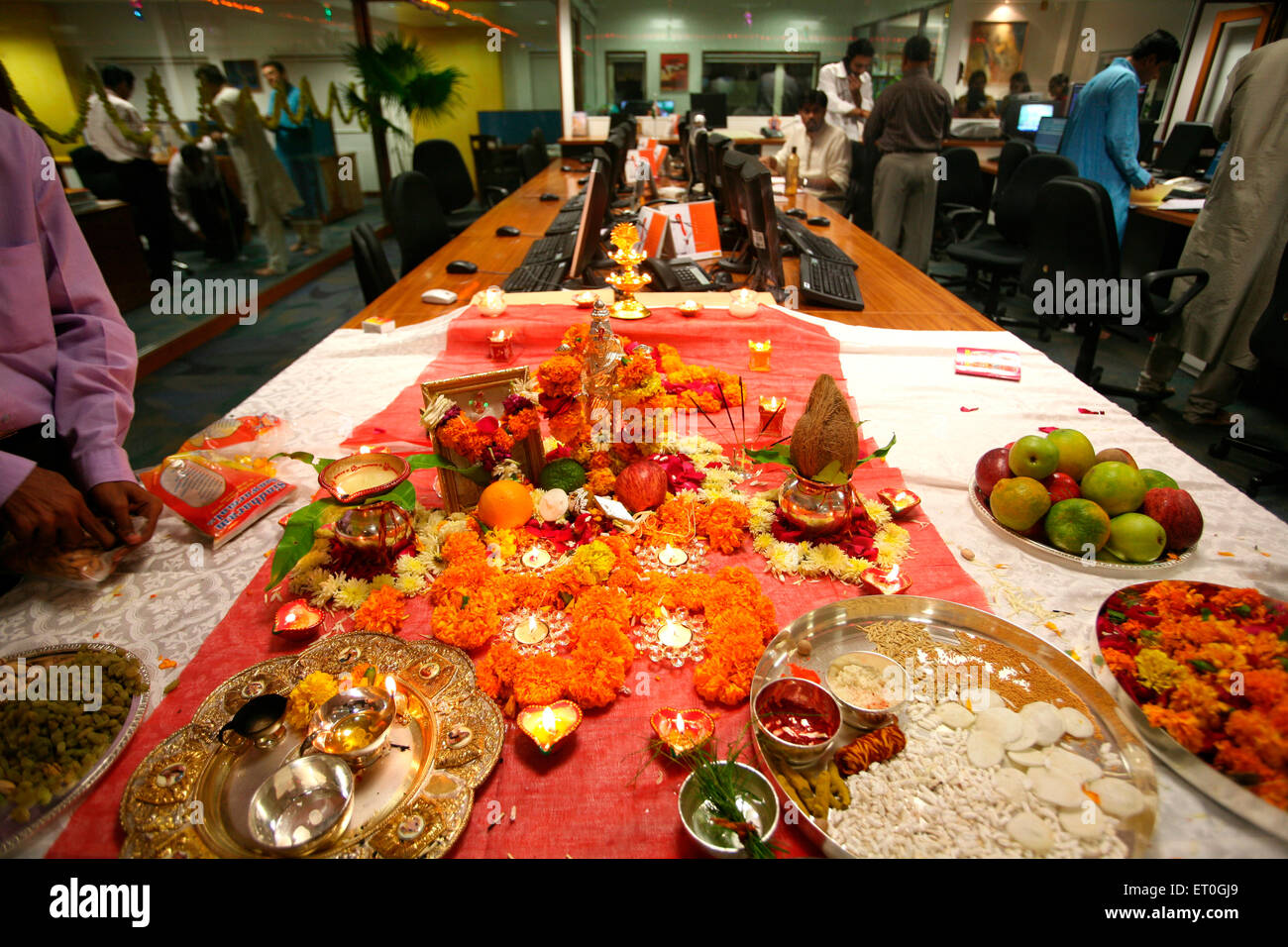 Lakshmi puja performed in brokers office in Bombay now Mumbai ; Maharashtra ; India Stock Photo