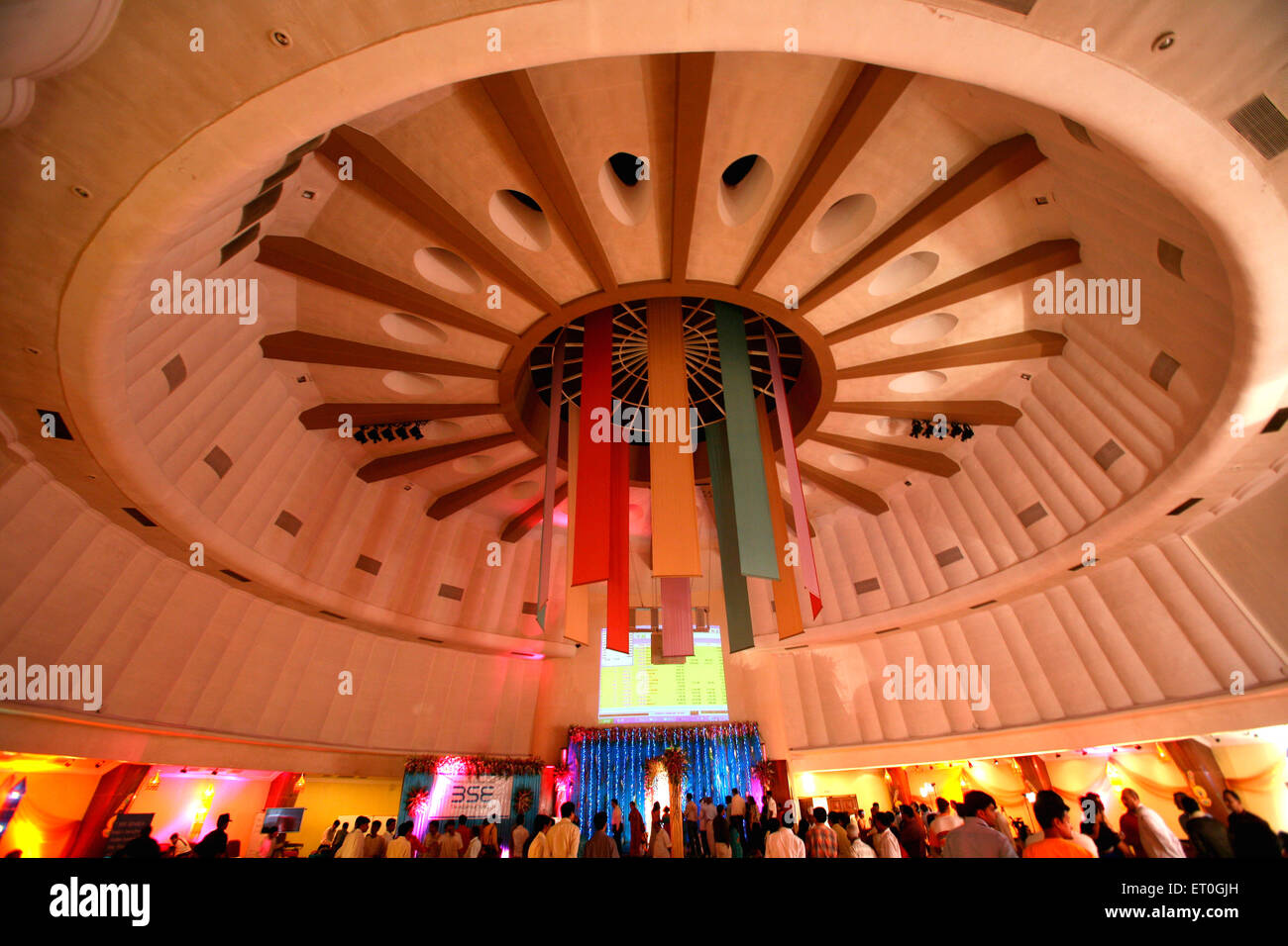 Different colours flags hanging from roof of Bombay Stock Market as decorations for Diwali Deepawali Deepawali Bombay Stock Photo