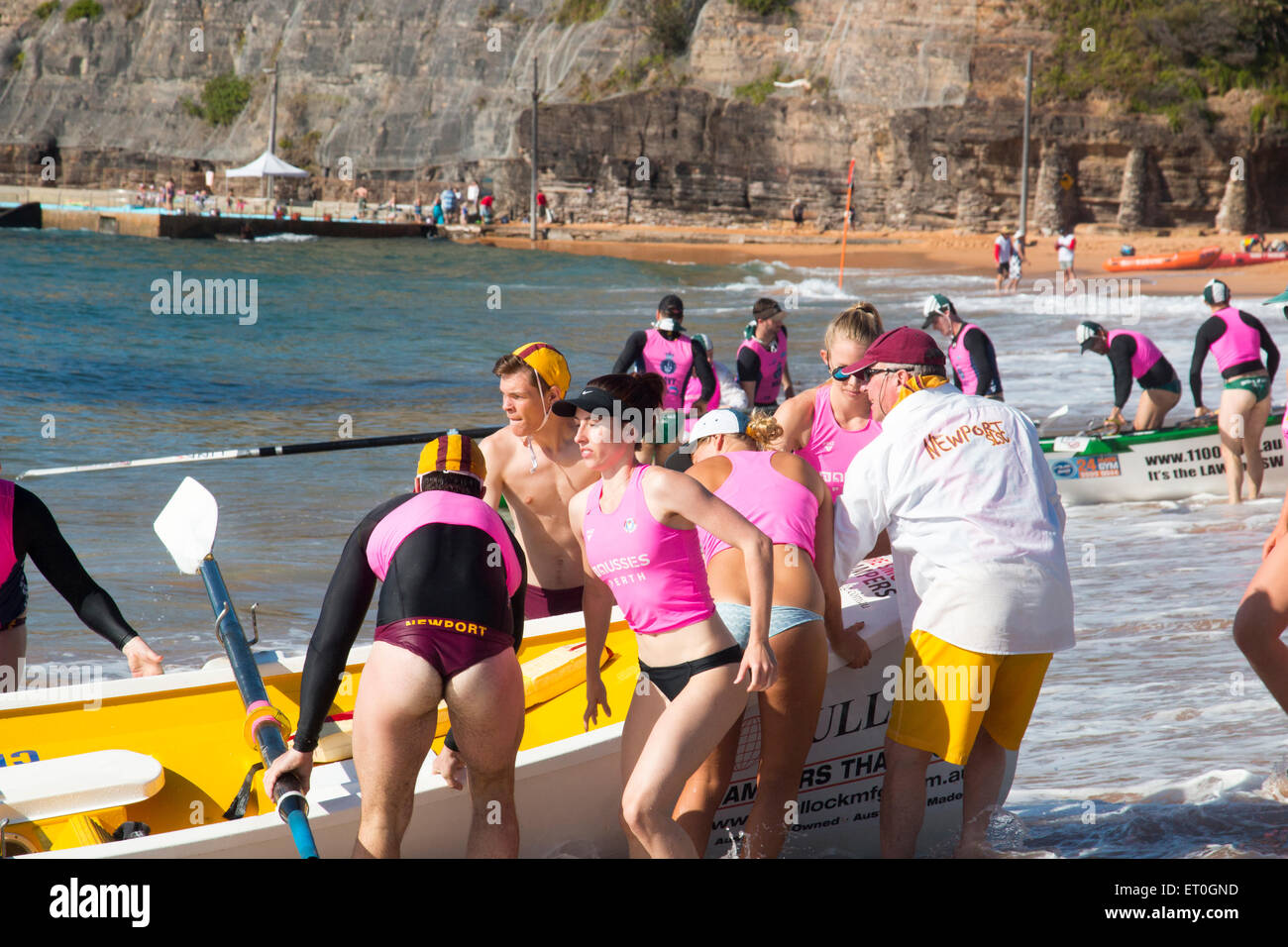 Summer surfboat racing competition amongst surfclubs located on Sydney's northern beaches begins at Bilgola Beach. australia. Stock Photo