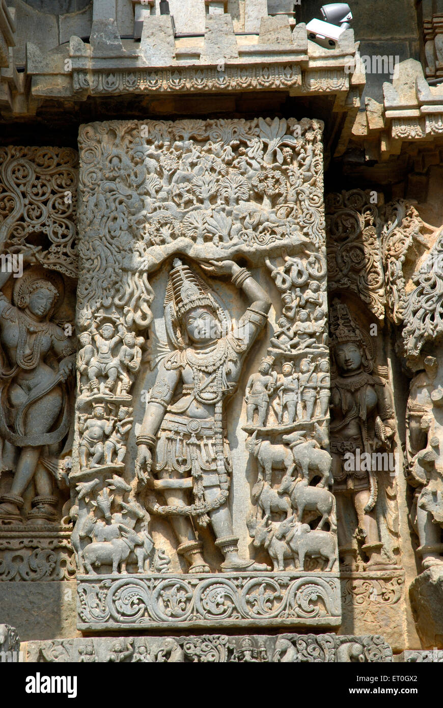 Panel showing childhood days of Krishna lifting entire of govardhan mountain at Shiva temple ; Halebidu ; Hassan ; Karnataka Stock Photo