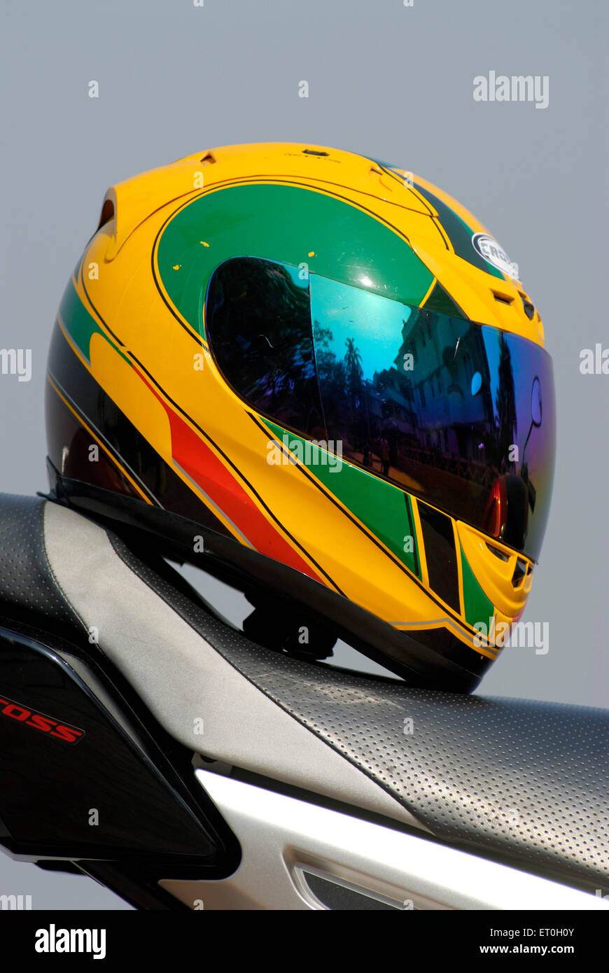 biker helmet on bike Stock Photo