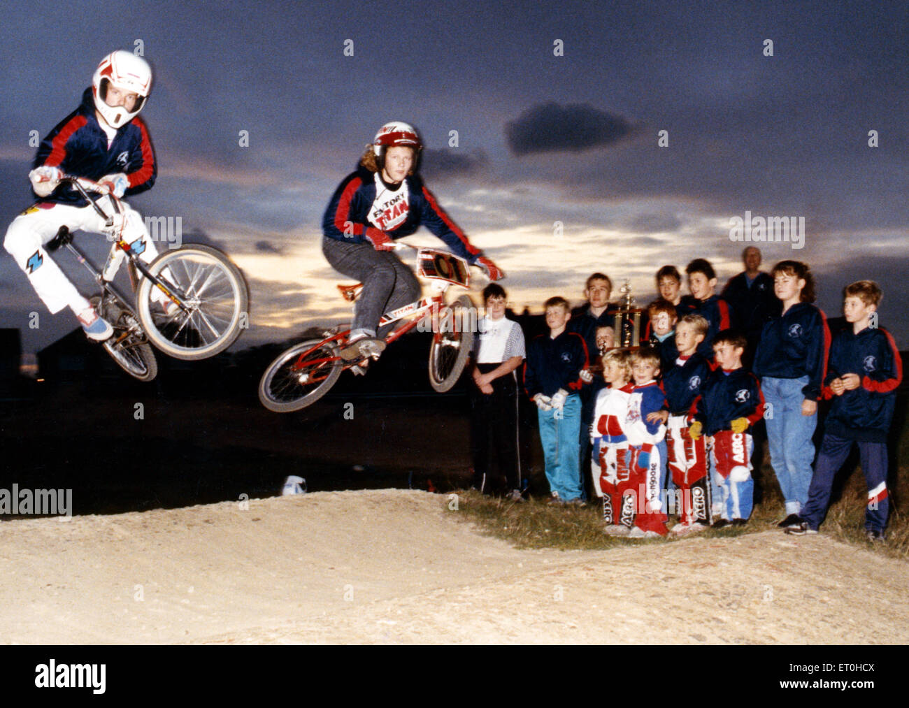 High fliers ... Scott Forbes (l) and Lisa Wright show off the skills that took Langbaurgh Lions BMX Club to the Eagles Team Challenge Trophy. 11th October 1989. Stock Photo