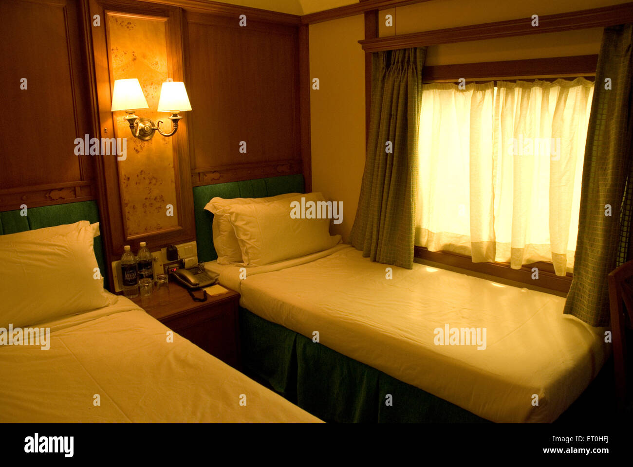 Interior of bedroom in deccan odysy luxury railway train ; Bombay ; Mumbai ; Maharashtra ; India Stock Photo