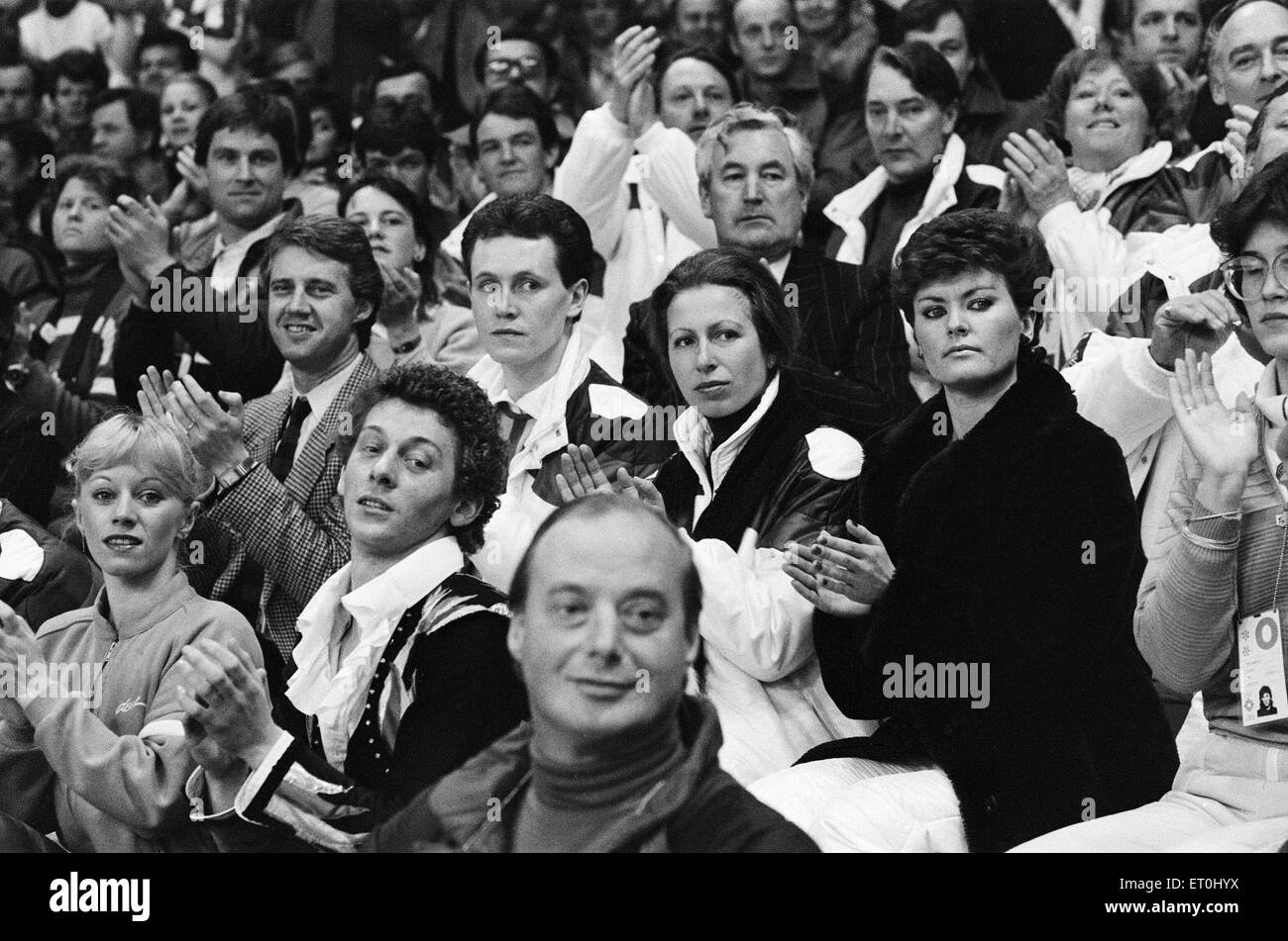 1984 Winter Olympics, 12th February 1984. Figure skating, Fourth Round, Zetra Stadium, Sarajevo, Yugoslavia. In audience, Princess Anne, watches Jayne Torvill and Christopher Dean perform their Paso Doble routine. Stock Photo