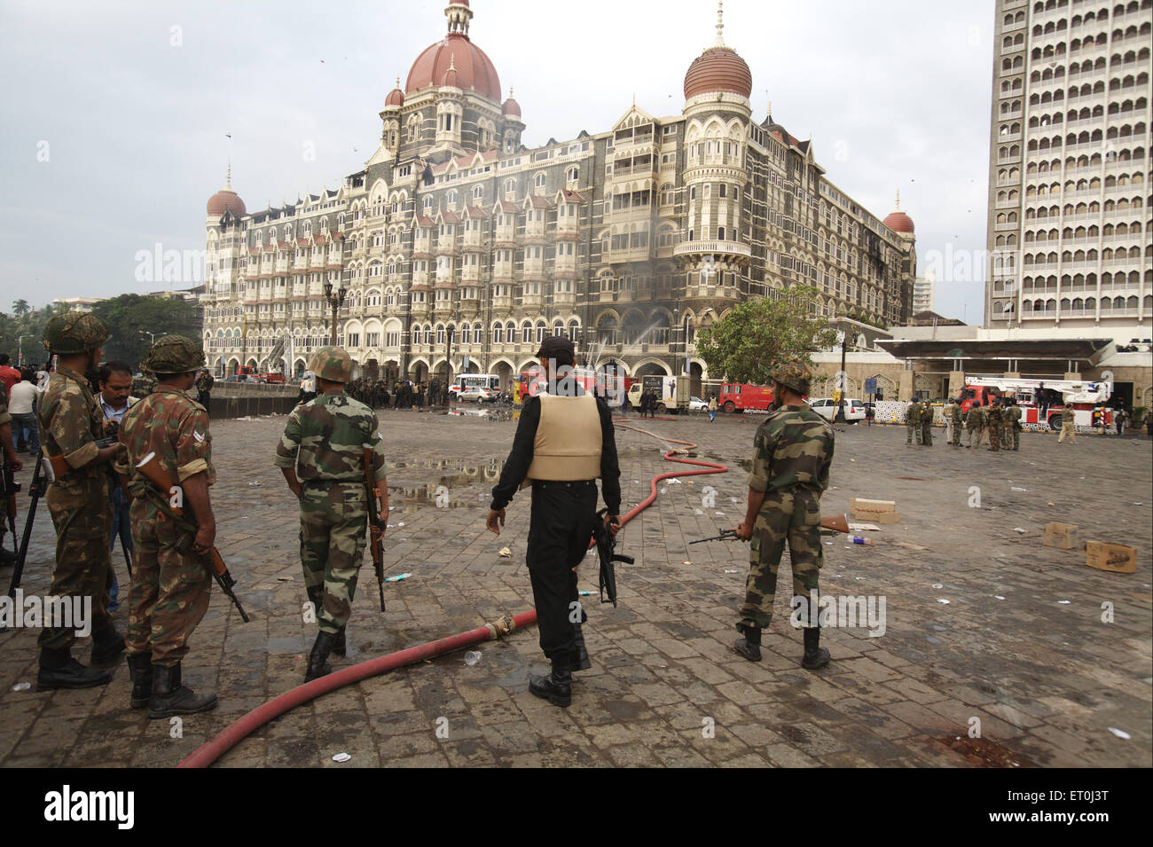 National Security Guards NSG commandoes Indian Army personnel Taj Mahal hotel after killing terrorists ; Bombay Stock Photo