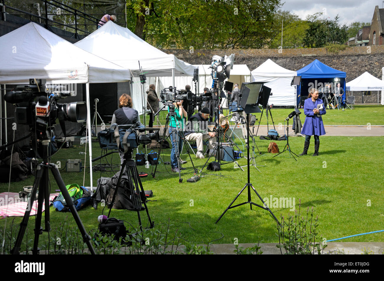 London, England, UK. College Green, Westminster, opposite Parliament. TV crews and media on election day 2015 Stock Photo