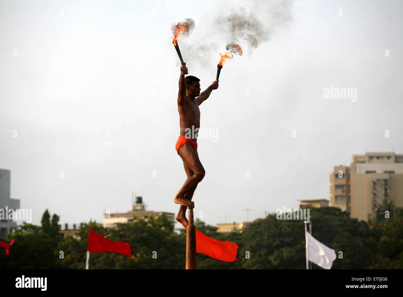 Police men performing Malkhamb Indian gymnastics on 1 May Maharashtra
