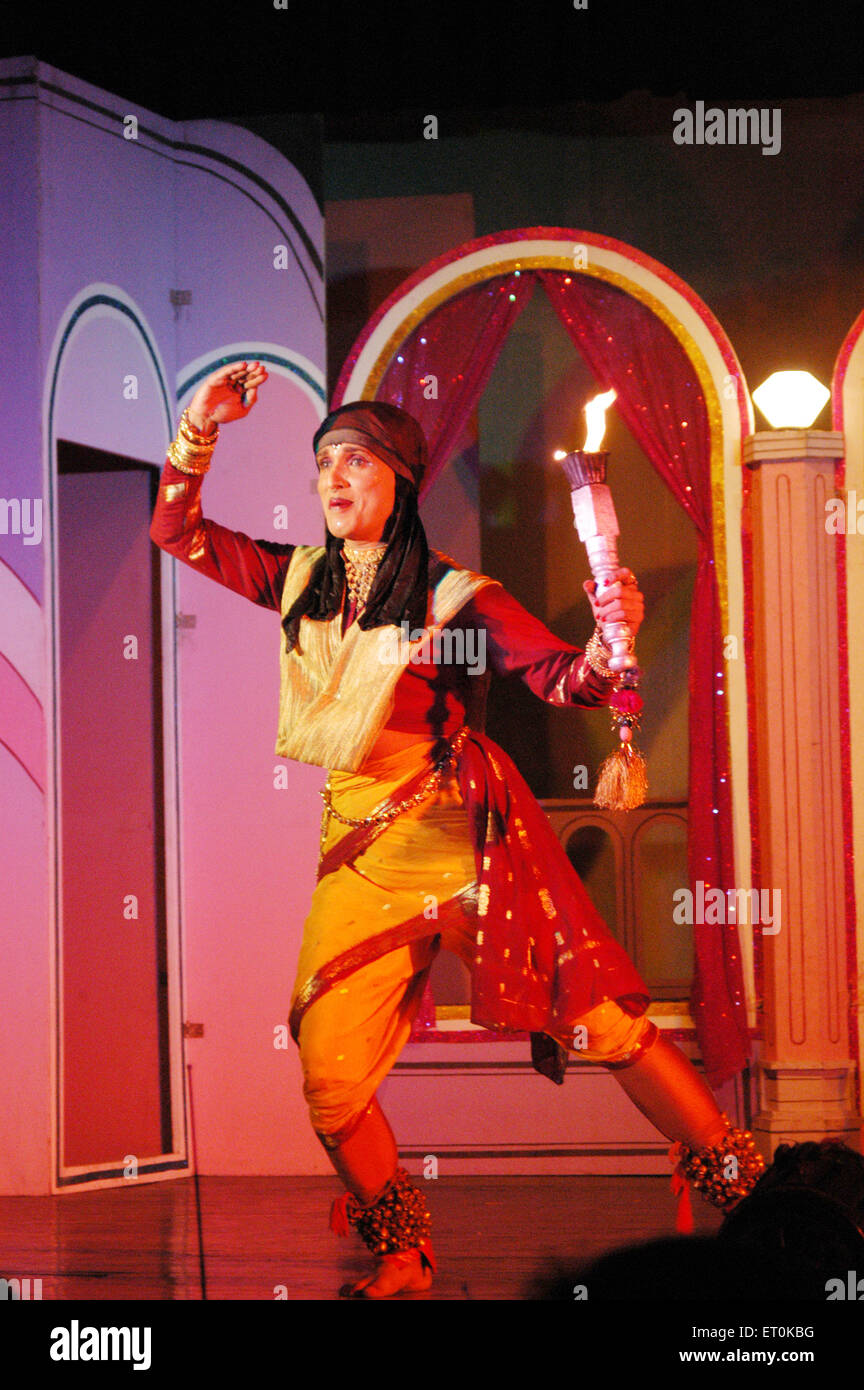 Show started male artist in traditional dress performing Bin Baicha Tamasha ; India NO MR Stock Photo