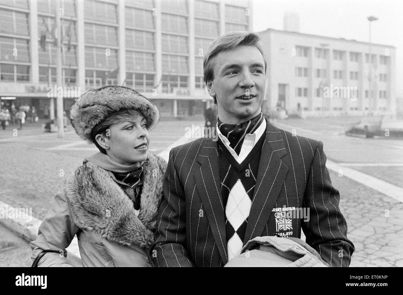 The arrival of British figure skating couple Jayne Torvill and Christopher Dean at the Sarajevo railway station, from West Germany. Winter Olympics in Sarajevo, Bosnia and Herzegovina (former Yugoslavia). 5th February 1984. Stock Photo