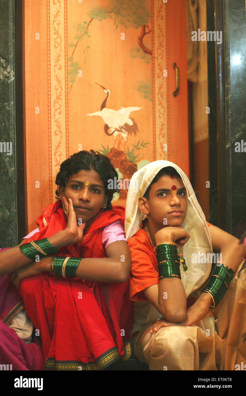 Eunuchs dressed in traditional sari ; wedding of eunuchs on occasion of Bewa Purnima at Ghatkopar ; Mumbai Stock Photo