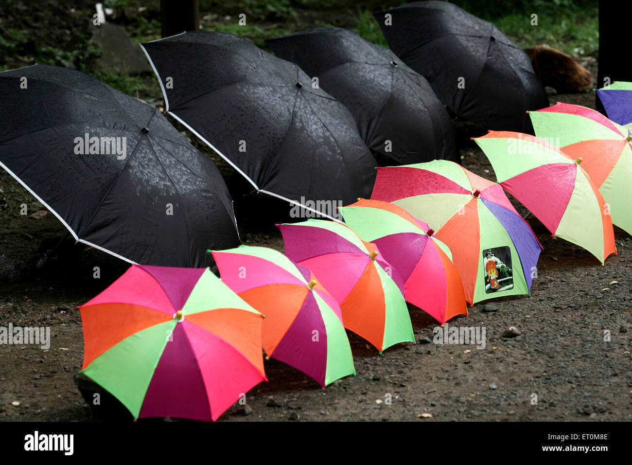 Colourful and black umbrellas kept for sale on highway Mumbai Pune  ; Maharashtra ; India Stock Photo