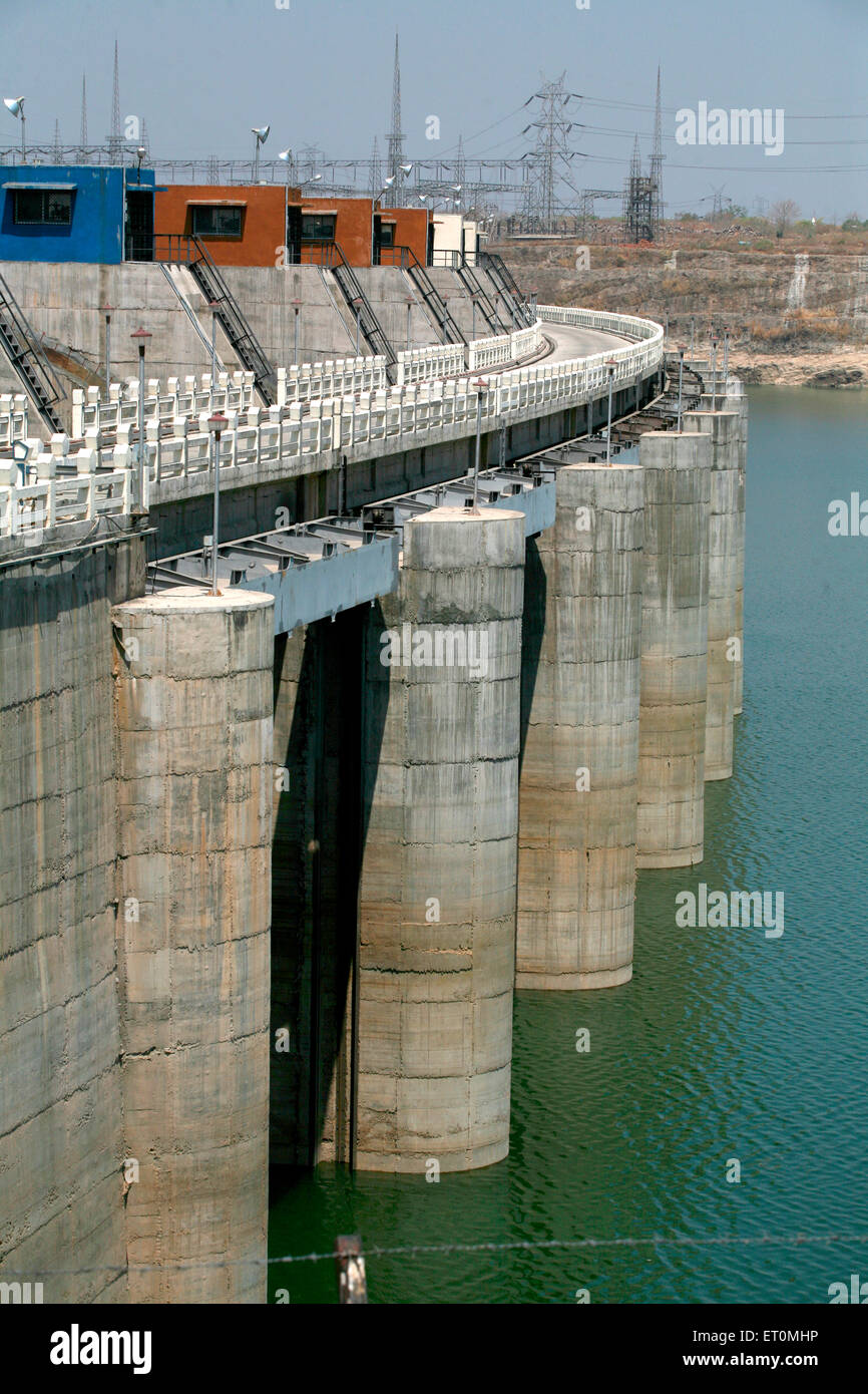 Columns of Indira Sagar Dam standing tall on river Narmada under multi purpose Indira Sagar Project situated  Khandwa Stock Photo