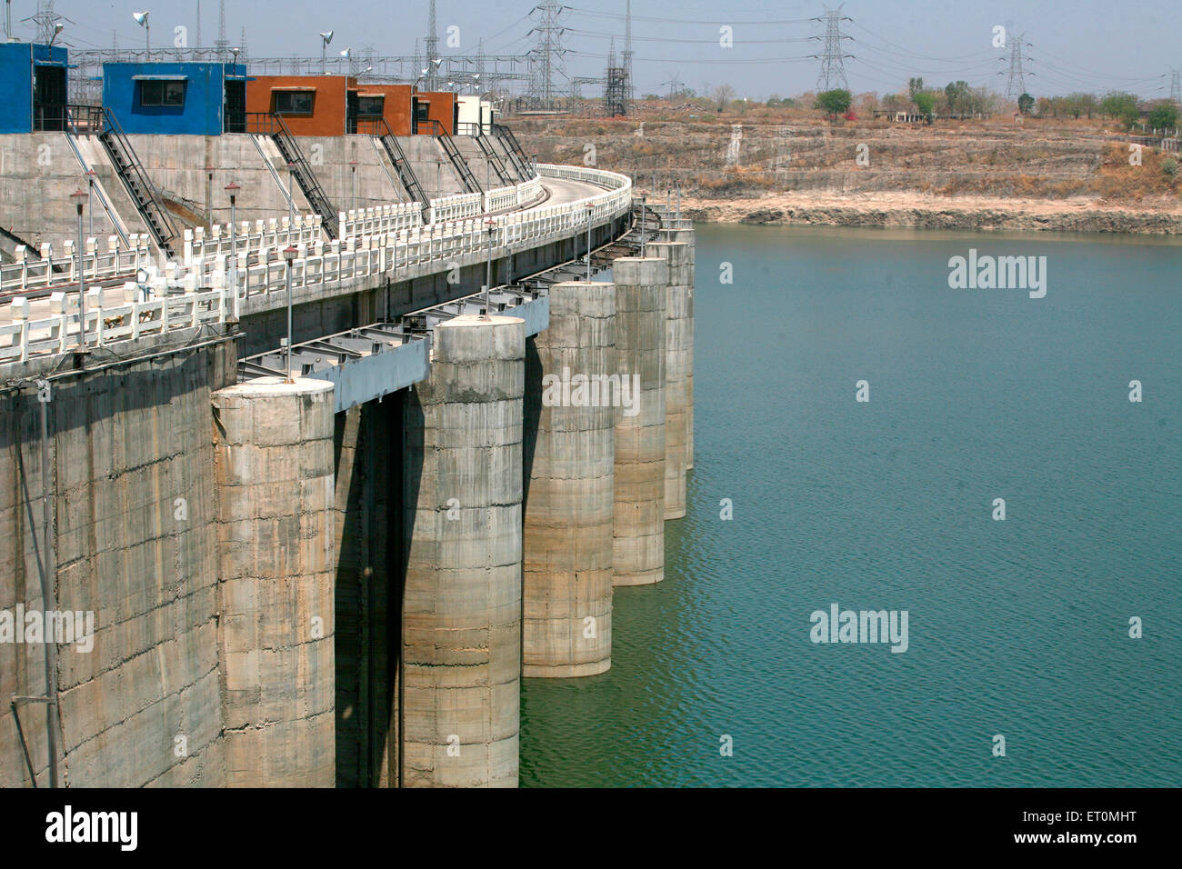 Columns of Indira Sagar Dam standing tall on river Narmada under multi purpose Indira Sagar Project situated Khandwa Stock Photo