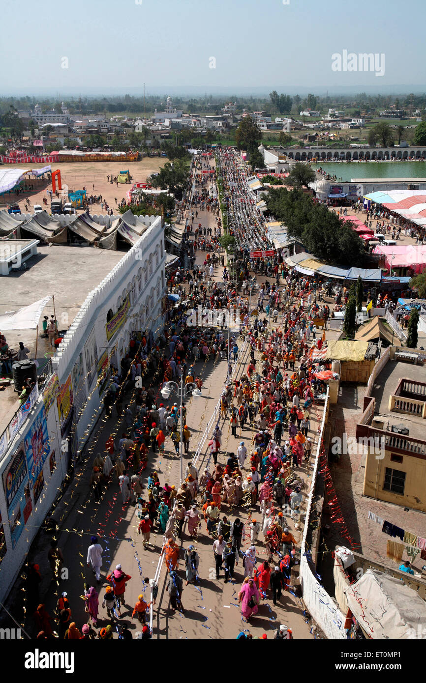 Aerial view of devotees on their way to Gurudwara of Anandpur Sahib during Hola Mohalla festival in Rupnagar Stock Photo