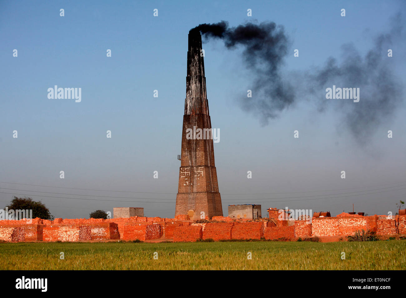 brickworks, brick factory chimney, brick kiln, brick making factory, Punjab, India Stock Photo