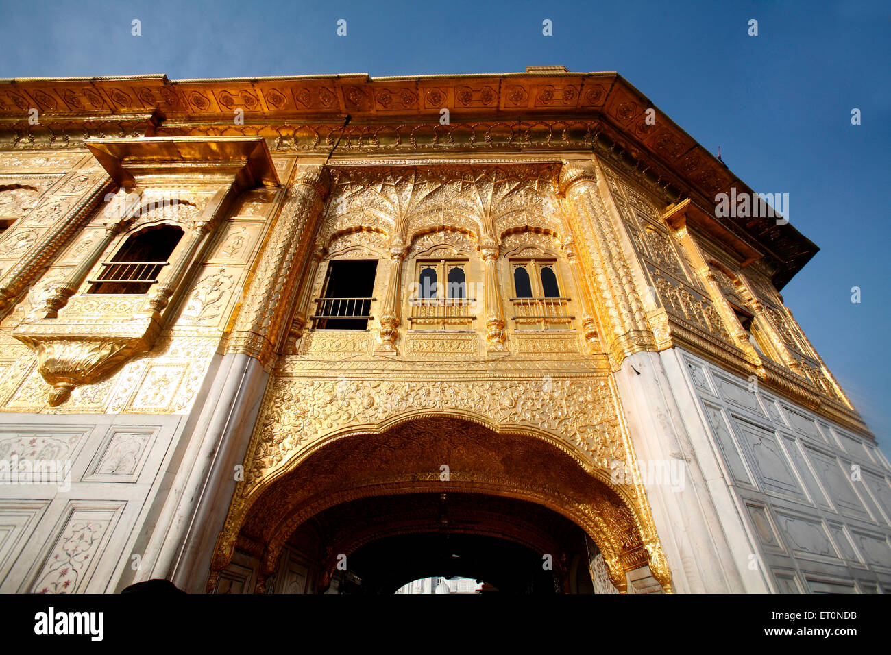 Golden plates and marble designs of Harmandir Sahib or Darbar Sahib or Golden temple in Amritsar ; Punjab ; India Stock Photo
