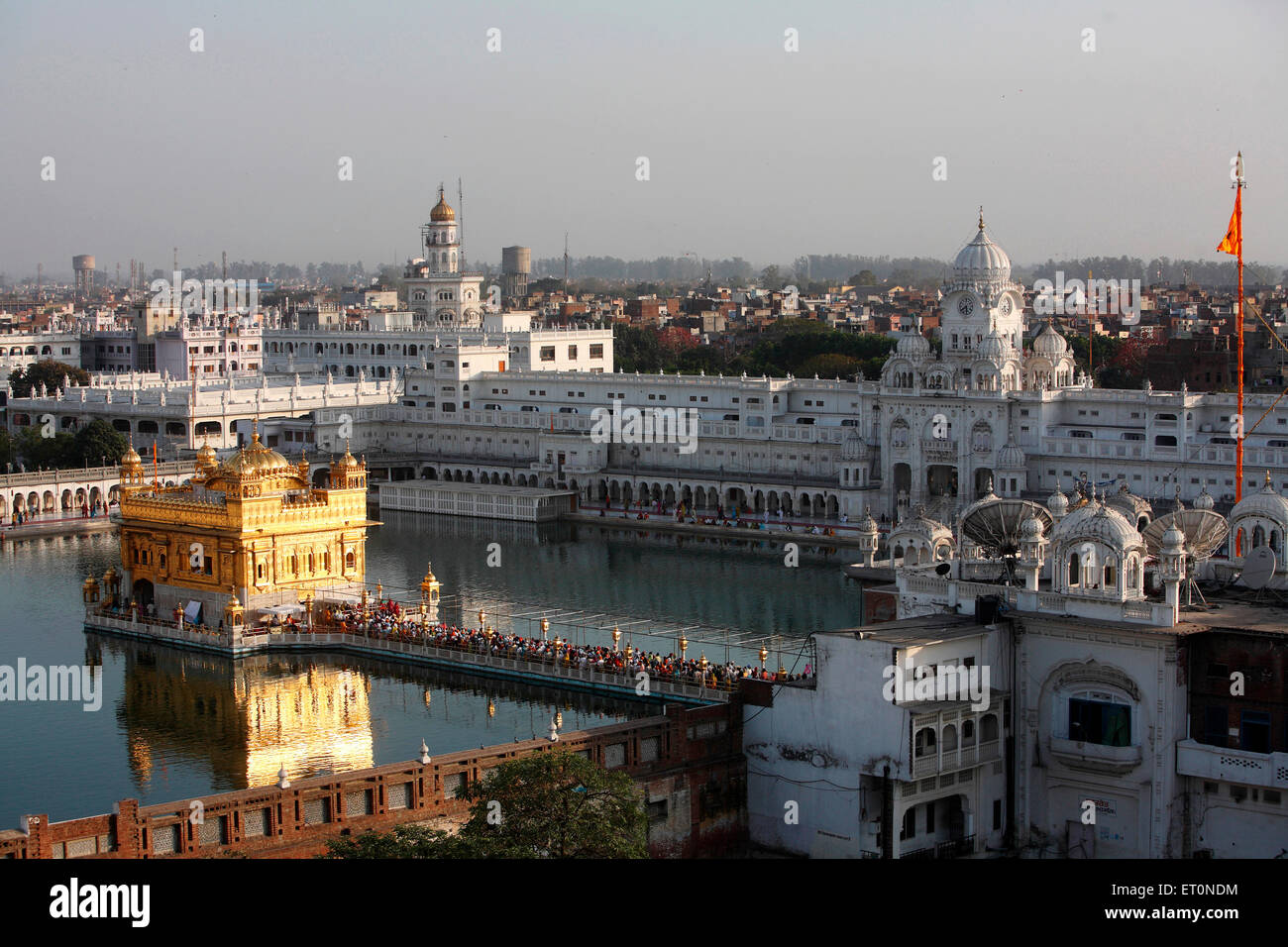 Aerial view of Harmandir Sahib or Darbar Sahib or Golden Temple complex and Amritsar city Punjab India Stock Photo