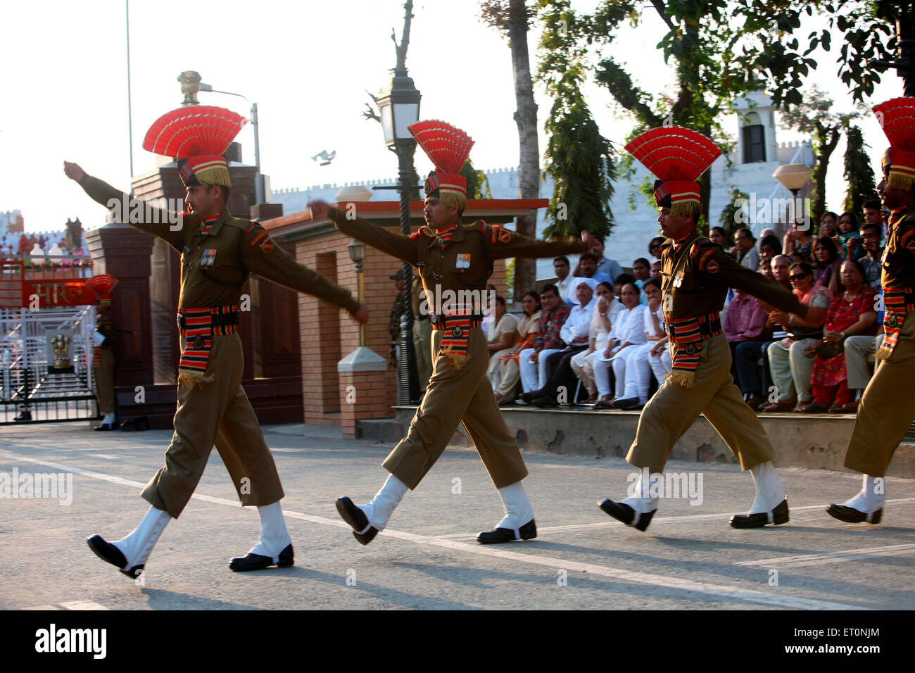 Indian border security force soldier doing parade before start changing of guard ceremony at Wagah border Stock Photo