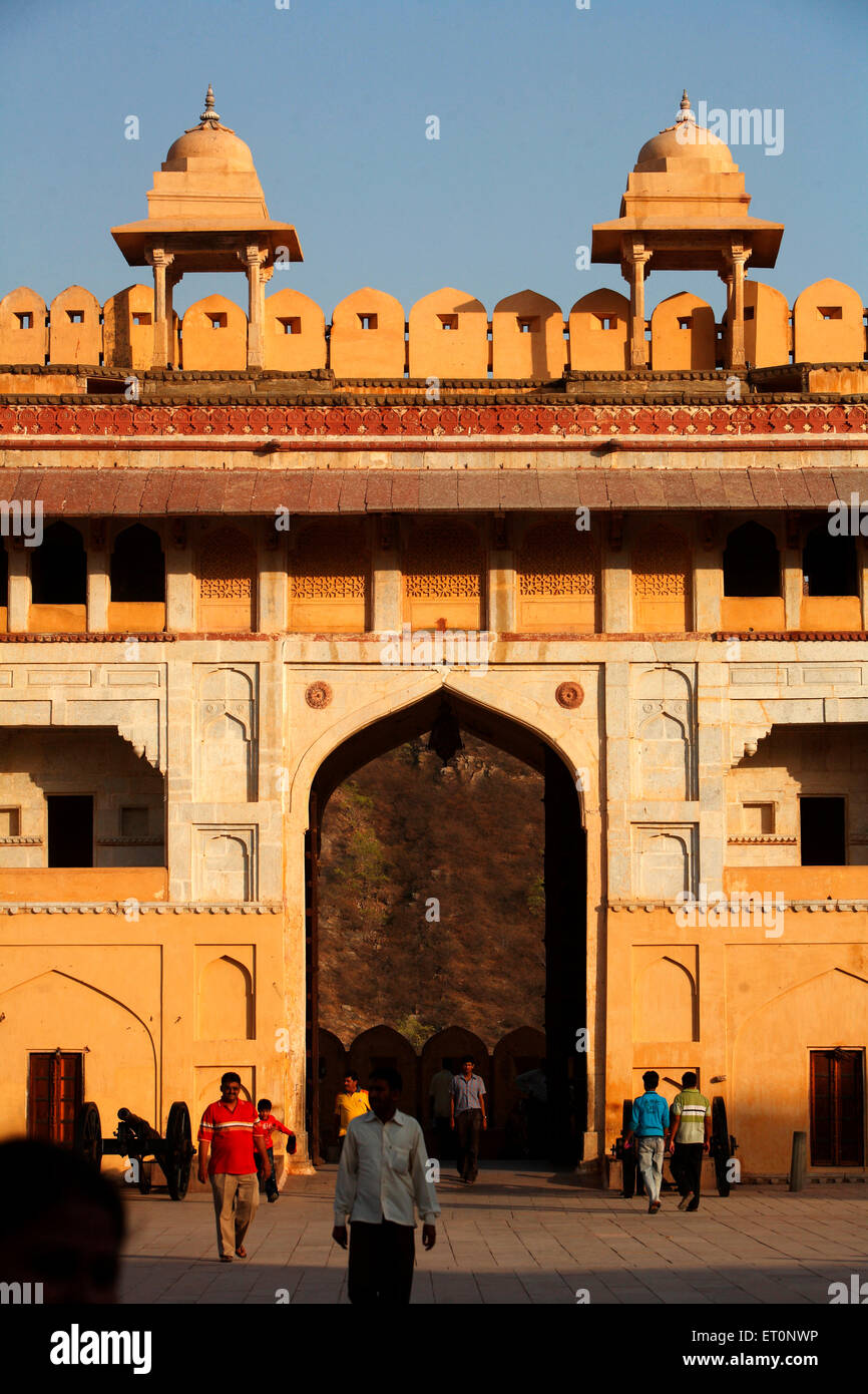 Arched gate of Amber or  Amer fort constructed in 1592  ;  Jaipur  ; Rajasthan  ;  India Stock Photo