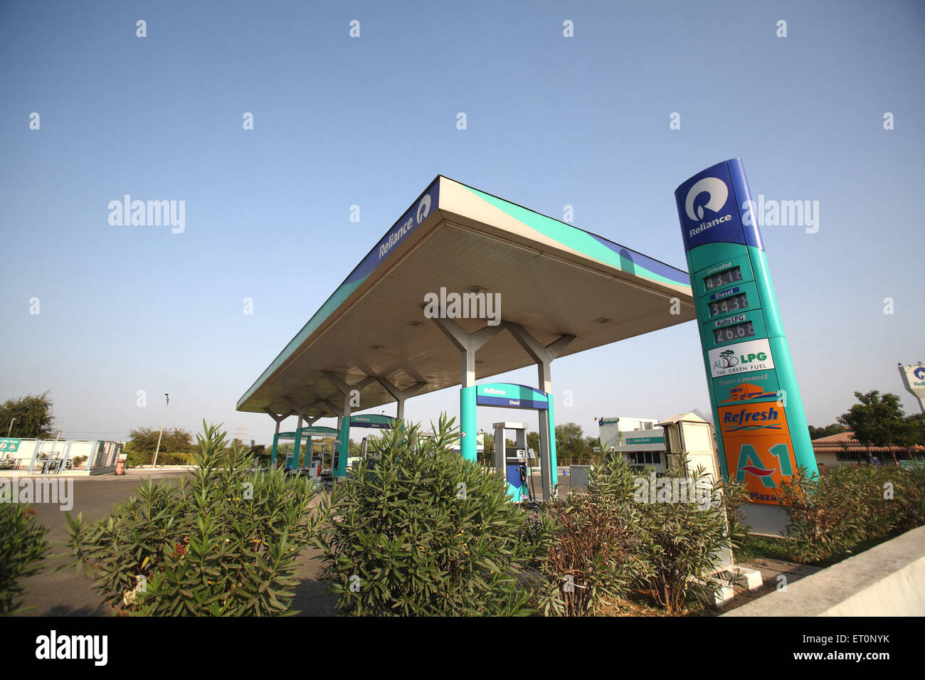 Petrol Pump, gasoline pump, fuel dispenser, Reliance industries, Rajasthan, India Stock Photo