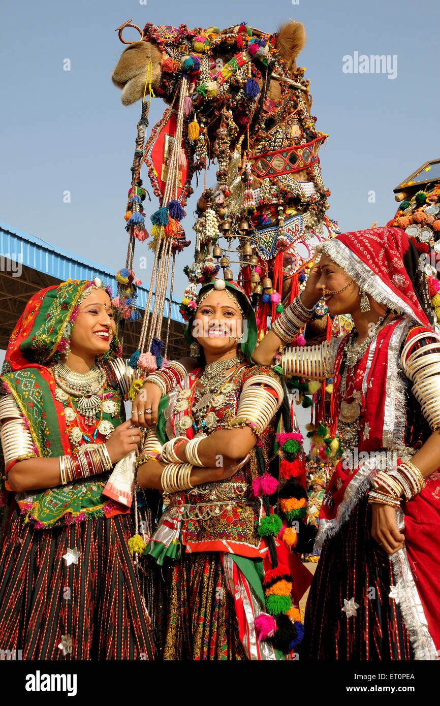 Pushkar fair , girls in traditional jewellery and rajasthani costume standing in front of decorated camel , Pushkar fair ; Rajasthan , india , asia Stock Photo