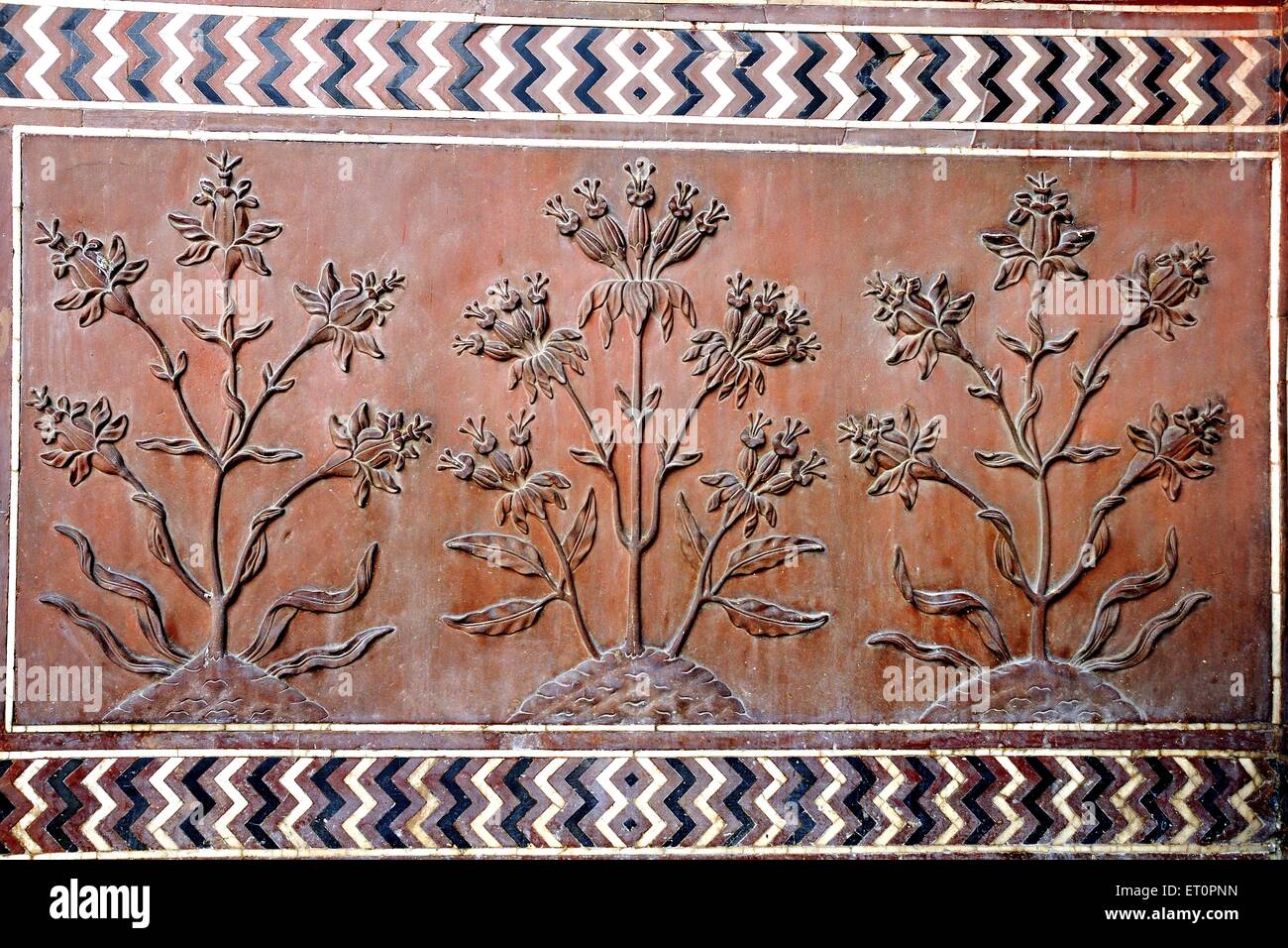 Carved stone work in mosque enclosure Taj Mahal ; Agra ; Uttar Pradesh ; India Stock Photo