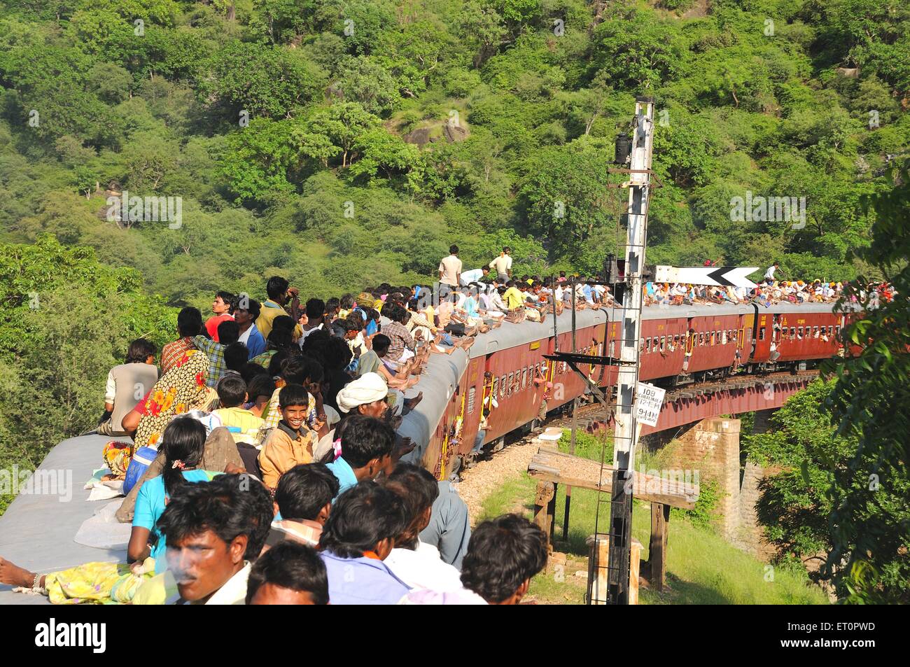 msa 155949 - People taking risk while traveling on roof of train ; Goram ghat ; Marwar Junction ; Rajasthan ; India Stock Photo