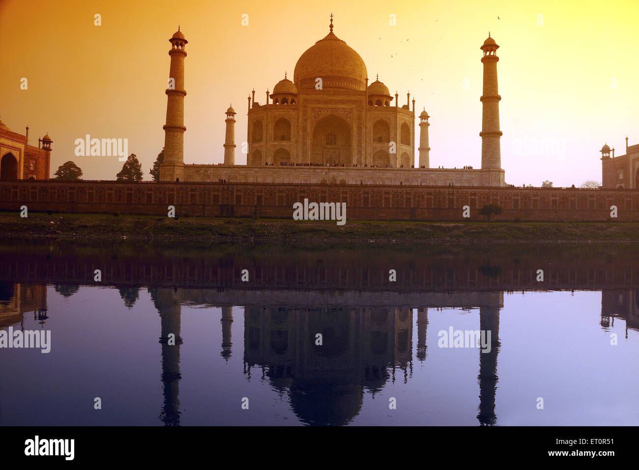 Reflection of Taj Mahal in Yamuna river at sunset ; Agra ; Uttar Pradesh ; India Stock Photo