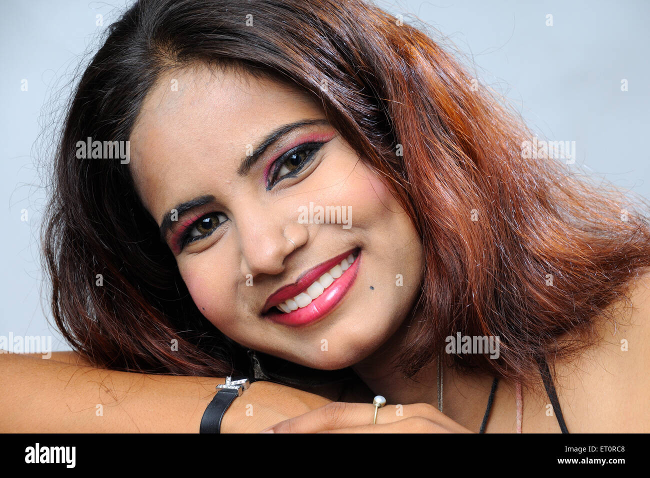 beautiful woman open hair pink lipstick brown hair MR#769F Stock Photo