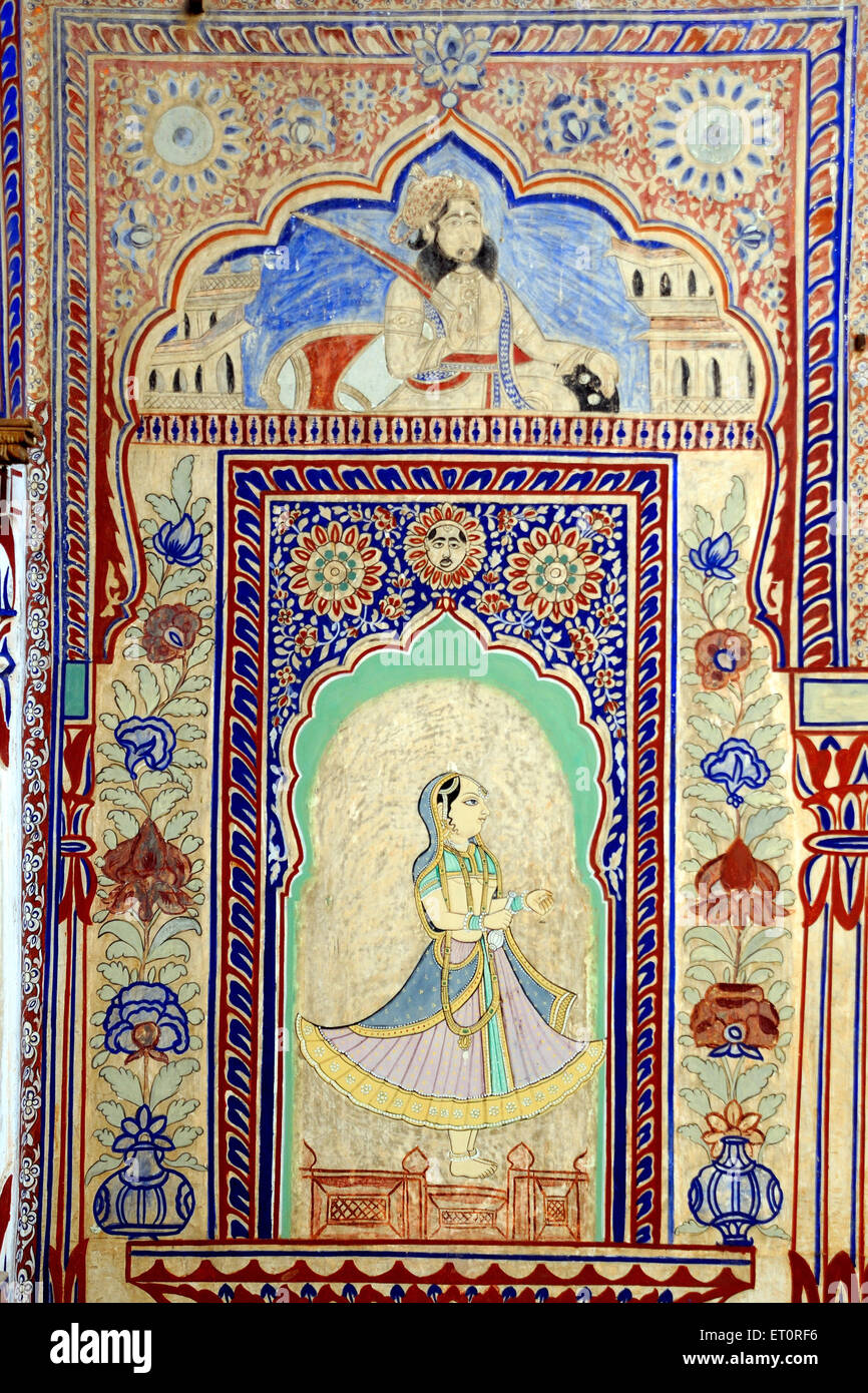 Paintings of royal person on wall of haveli ; Fatehpur Shekhavati ; Rajasthan ; India Stock Photo