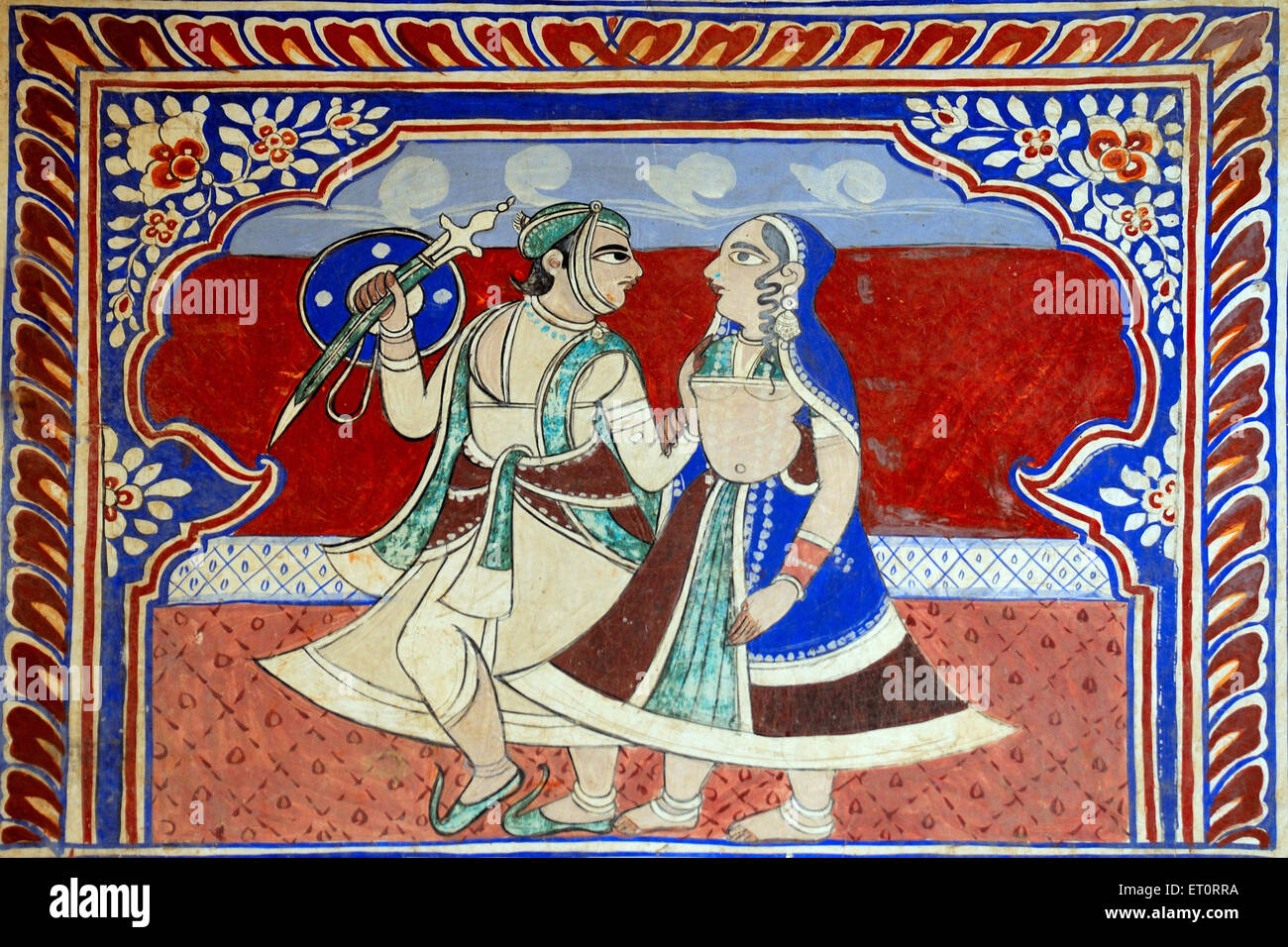 Paintings of royal person on wall of haveli ; Fatehpur Shekhavati ; Rajasthan ; India Stock Photo