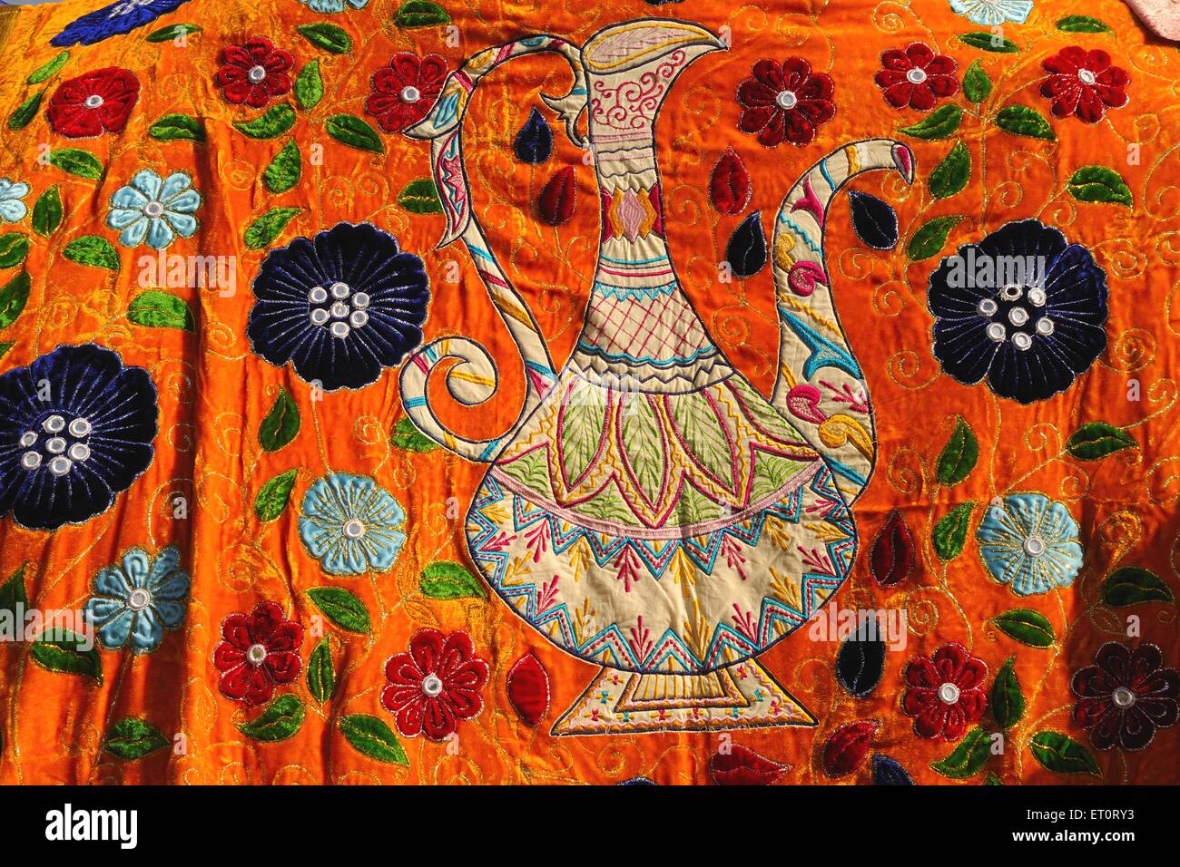 Embroidery of flowers on cloth ; Rajasthan ; India Stock Photo