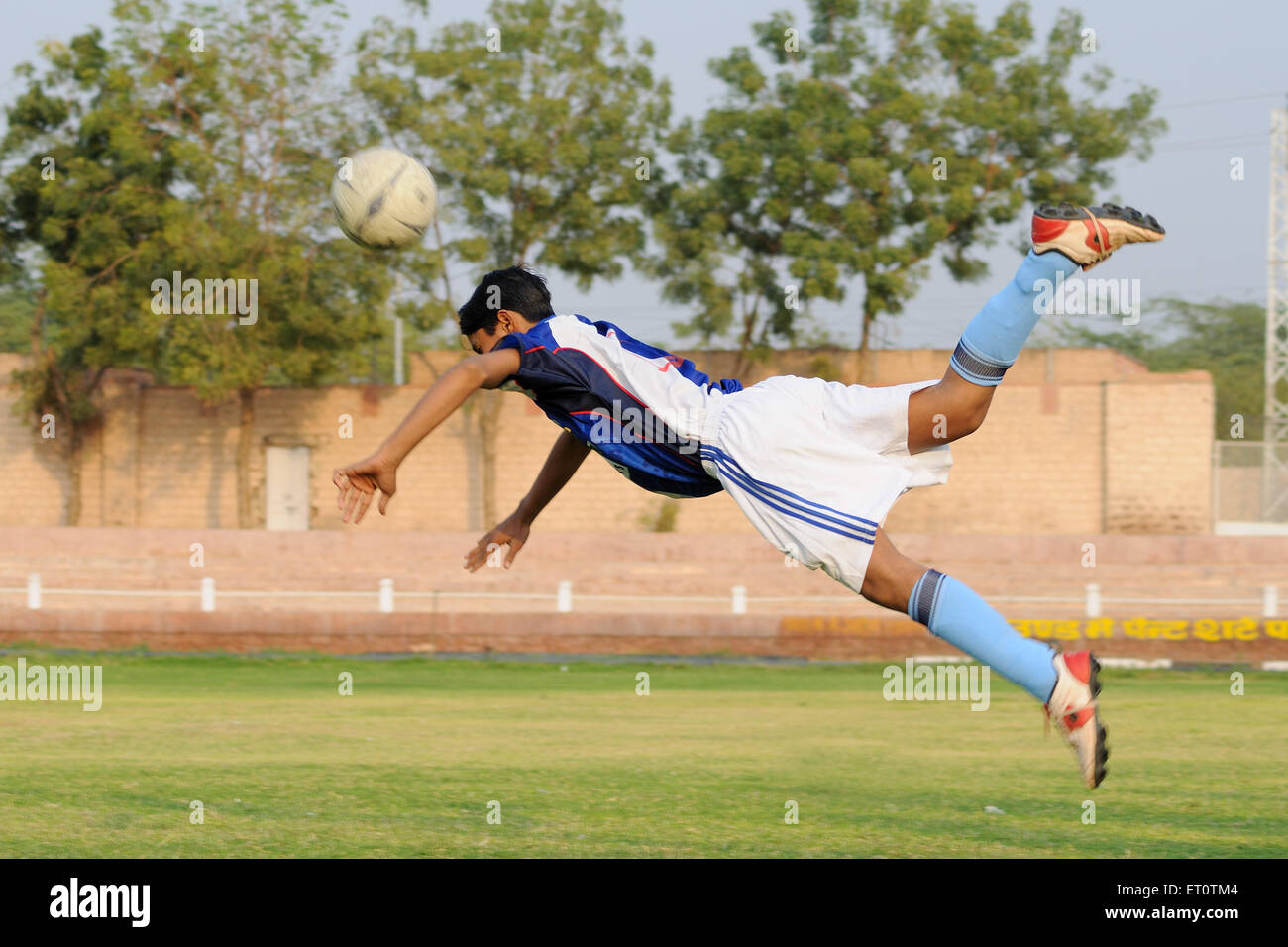 Head kick in football match ; Jodhpur ; Rajasthan ; India Mr#786 Stock Photo