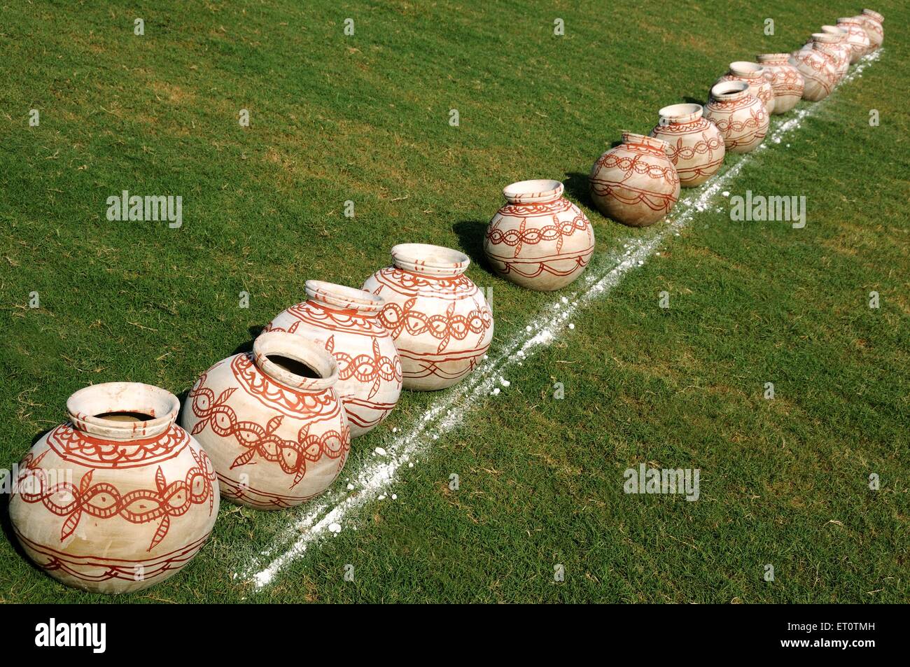 Painted clay water pots for race, Jodhpur, Rajasthan, India Stock Photo