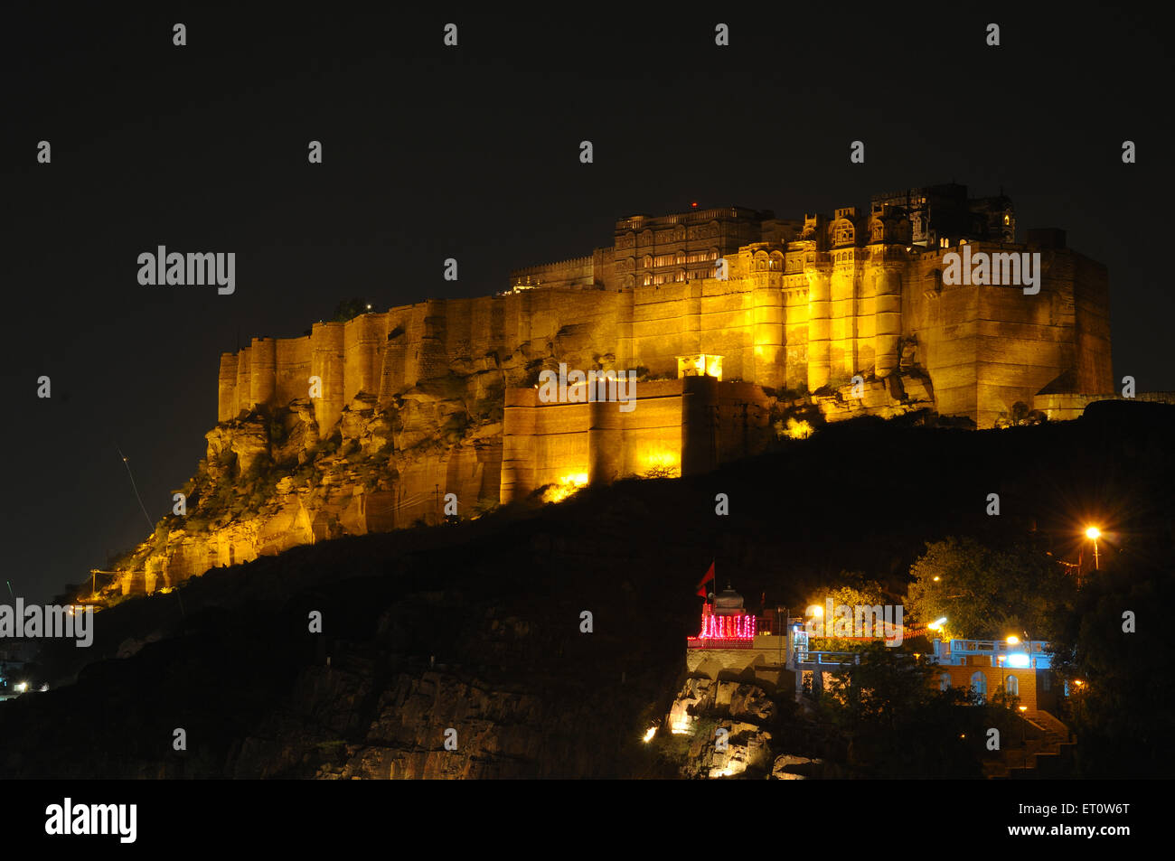 Mehrangarh fort in different color lighting in night view ; Jodhpur ; Rajasthan ; India Stock Photo