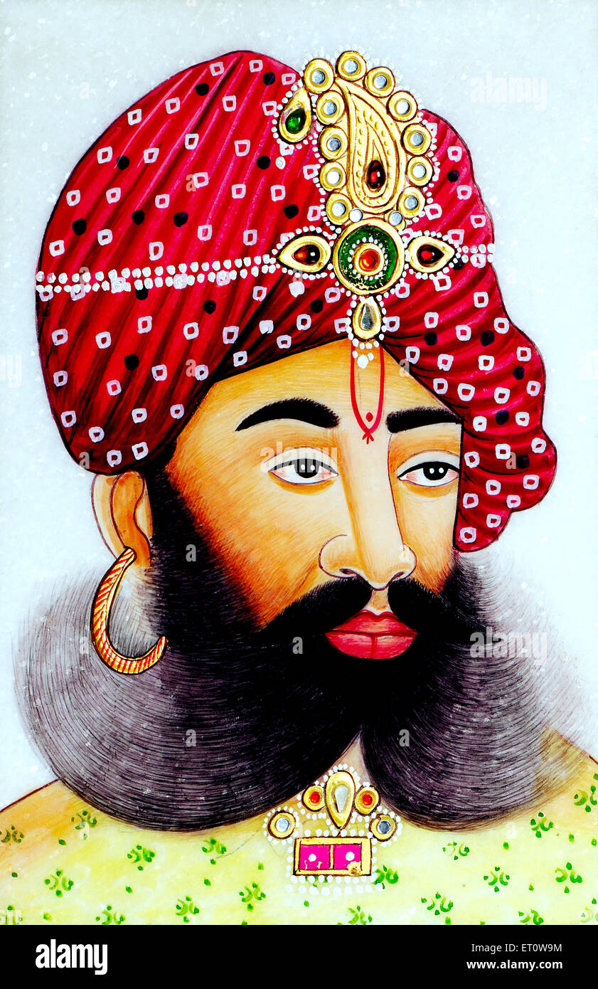 Painting of King Raja Maharaja wearing turban jewels ear ring Rajasthan India Asia Stock Photo