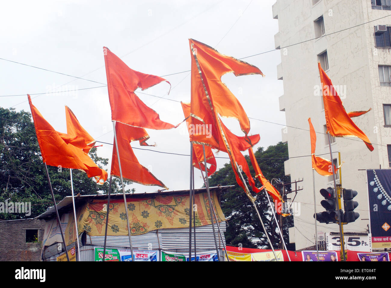 Saffron colour flags, Hindu religion flags, Ganesh festival, Pune, Maharashtra, India Stock Photo