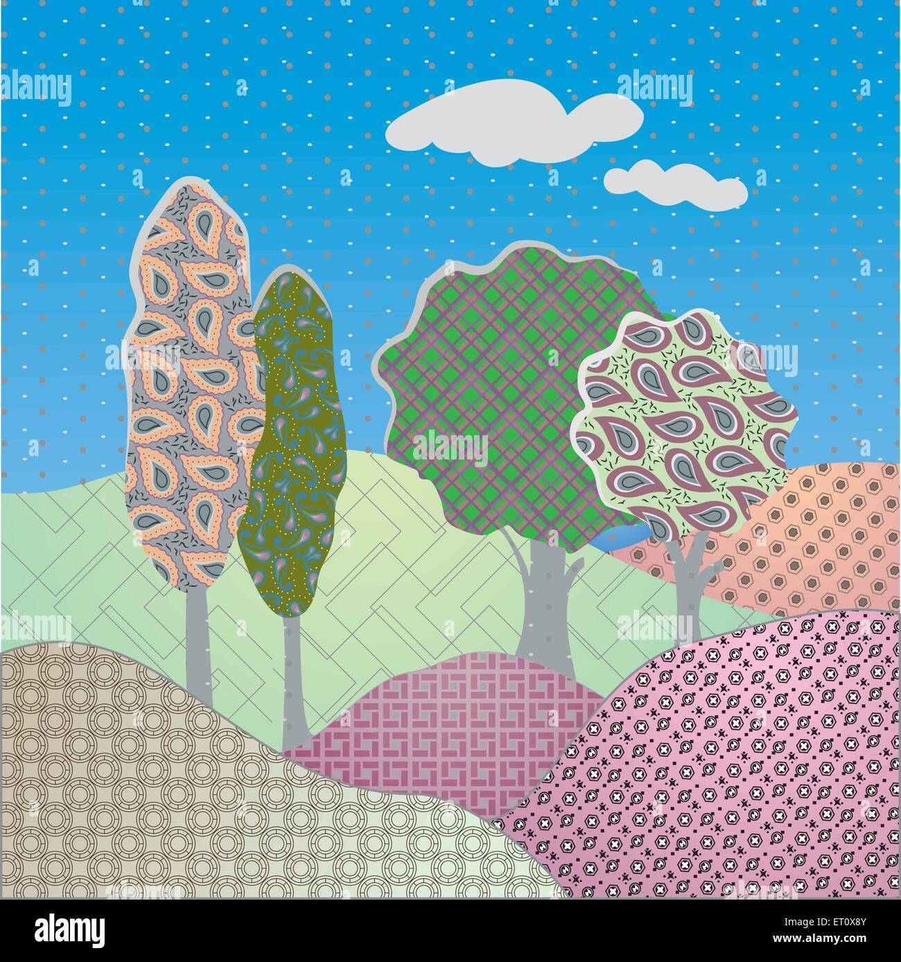 summer landscape with paisley trees vector illustration Stock Vector