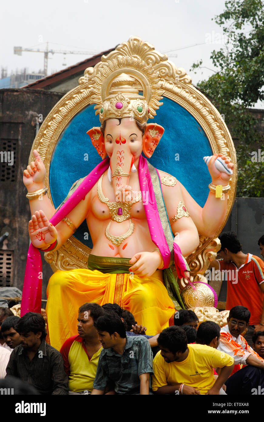 Arrival procession of big idol of Lord Ganesh ; Elephant headed god of Hindu ; Ganapati Festival at Lalbaug ; Bombay Mumbai Stock Photo